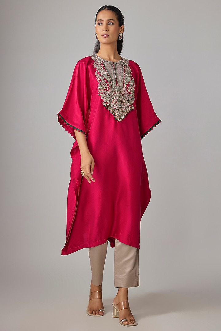 Cherry Red Silk Dori Work Kaftan Set by Prisho at Pernia's Pop Up Shop