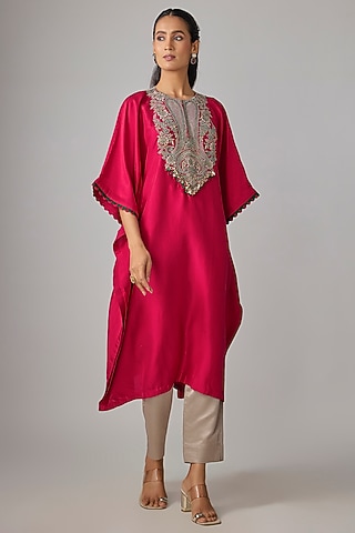 Cherry Red Silk Dori Work Kaftan Set by Prisho