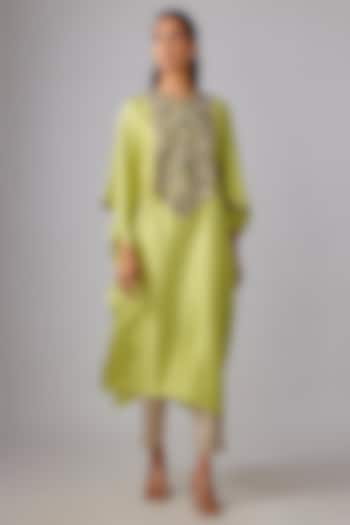 Lime Green Silk Dori Work Kaftan Set by Prisho at Pernia's Pop Up Shop