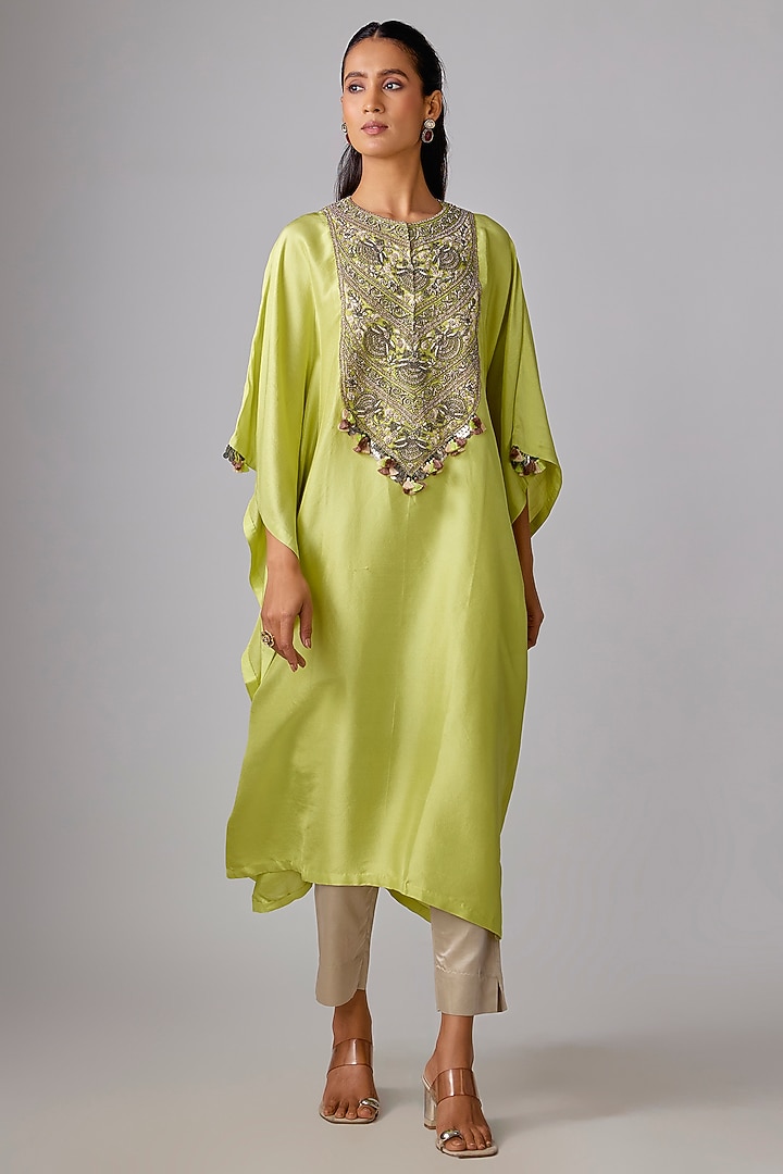 Lime Green Silk Dori Work Kaftan Set by Prisho at Pernia's Pop Up Shop