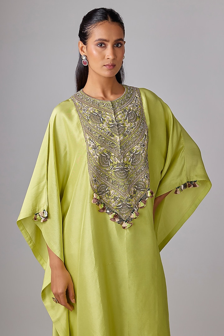Lime Green Silk Dori Work Kaftan Set by Prisho at Pernia's Pop Up Shop