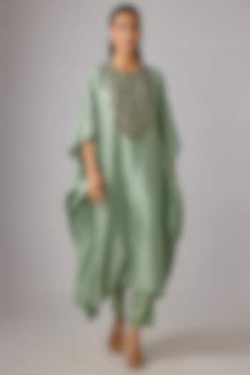 Aqua Silk Thread Work Kaftan Set by Prisho at Pernia's Pop Up Shop