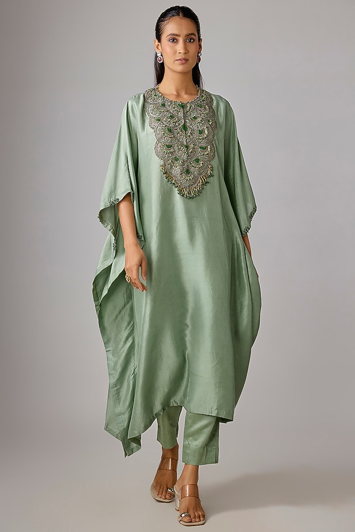Aqua Silk Thread Work Kaftan Set by Prisho at Pernia's Pop Up Shop