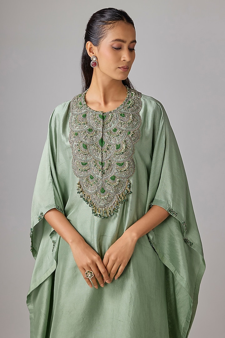 Aqua Silk Thread Work Kaftan Set by Prisho at Pernia's Pop Up Shop