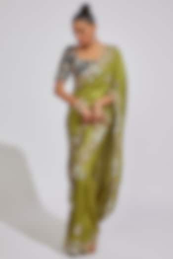 Lime Green Silk Embroidered Reception Saree Set by Prisho at Pernia's Pop Up Shop