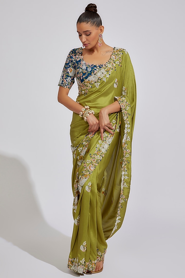 Lime Green Silk Embroidered Reception Saree Set by Prisho at Pernia's Pop Up Shop