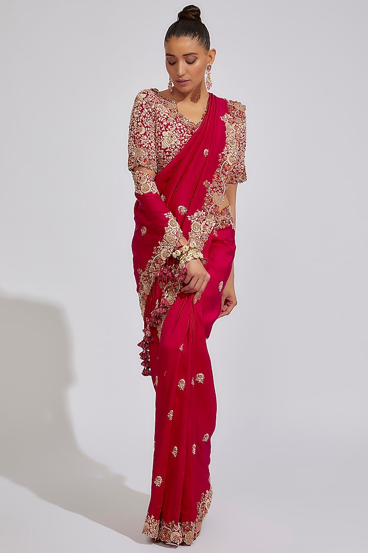 Red Silk Embroidered Saree Set by Prisho