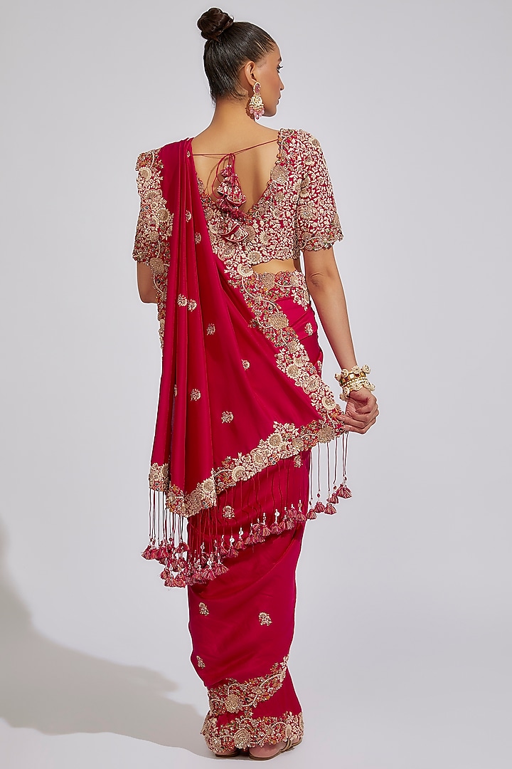 Red Silk Embroidered Reception Saree Set by Prisho at Pernia's Pop Up Shop