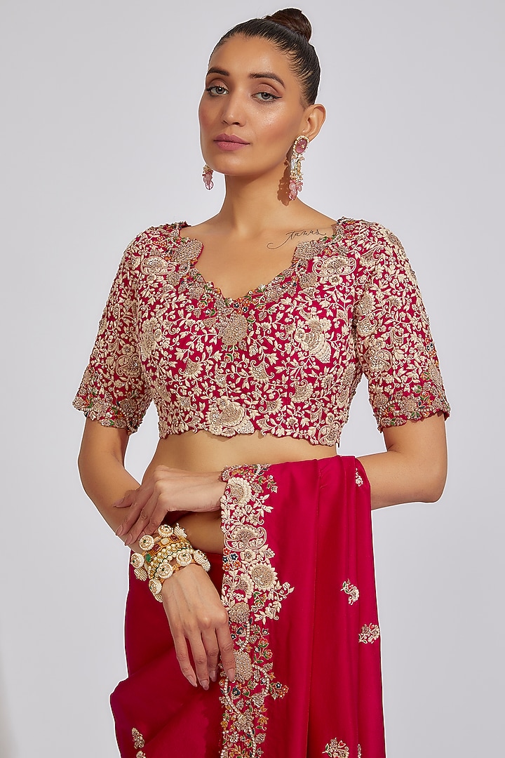 Red Silk Embroidered Reception Saree Set by Prisho at Pernia's Pop Up Shop