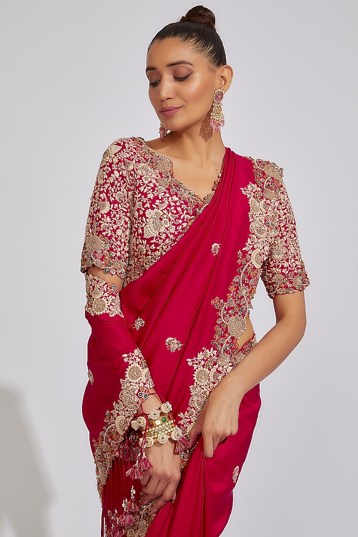 Red Silk Embroidered Reception Saree Set by Prisho at Pernia's Pop Up Shop