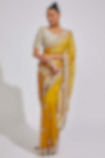 Mustard Organza Embroidered Saree Set by Prisho
