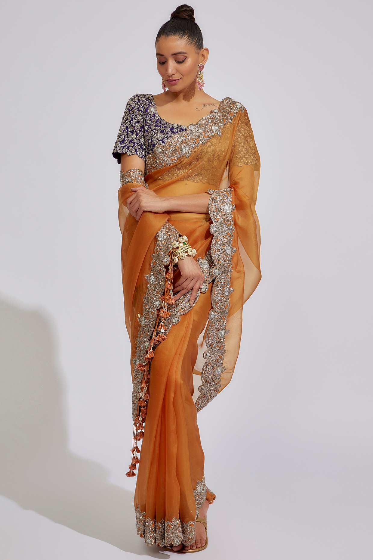 MELON ORANGE WOVEN PURE BRASSO CHIFFON SAREE WITH EMBROIDERED SILK BLO –  zarikaariindia.com