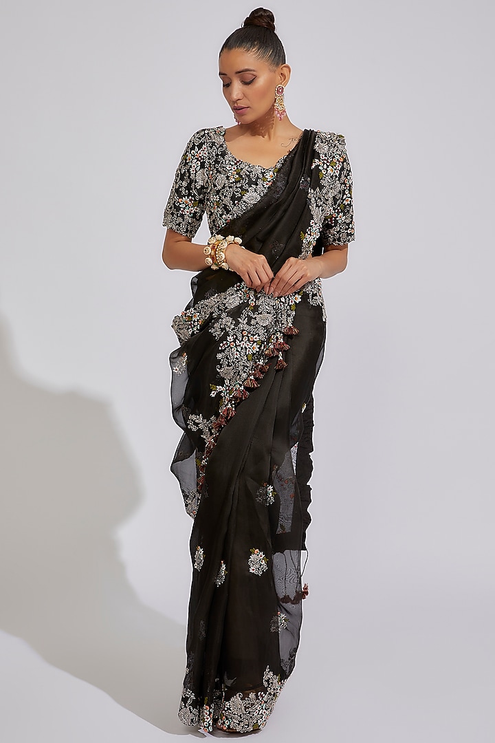 Shop Solid Black Silk Designer Saree Blouse with Dori Ties and