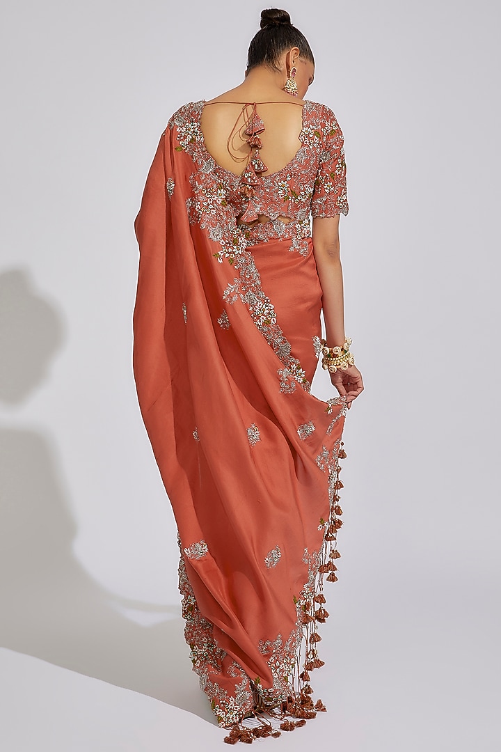 Deep Rust Silk Embroidered Reception Saree Set by Prisho at Pernia's Pop Up Shop