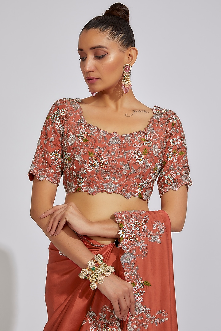 Deep Rust Silk Embroidered Reception Saree Set by Prisho at Pernia's Pop Up Shop