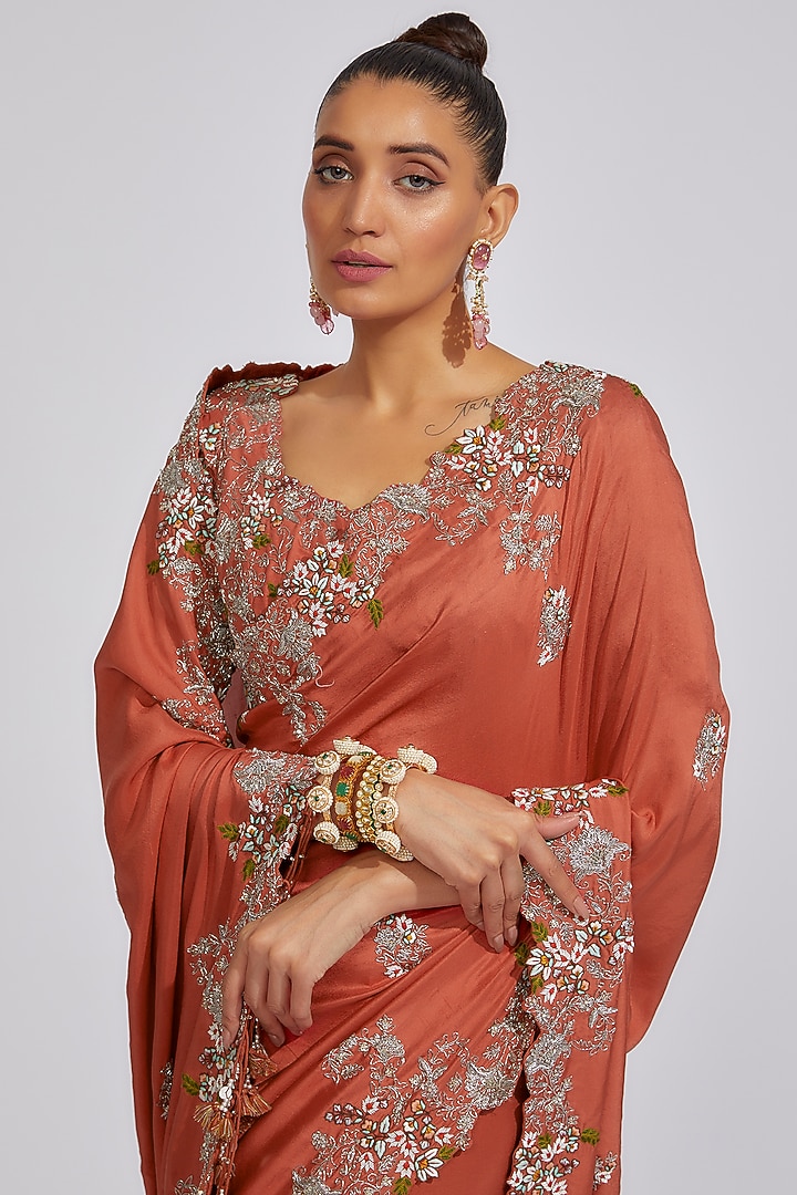 Deep Rust Silk Embroidered Reception Saree Set by Prisho at Pernia's Pop Up Shop