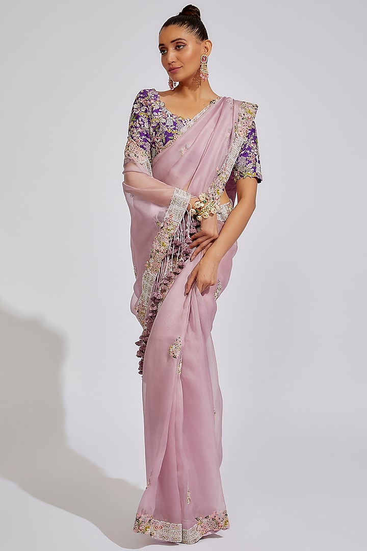 Lavender Organza Embroidered Saree Set by Prisho