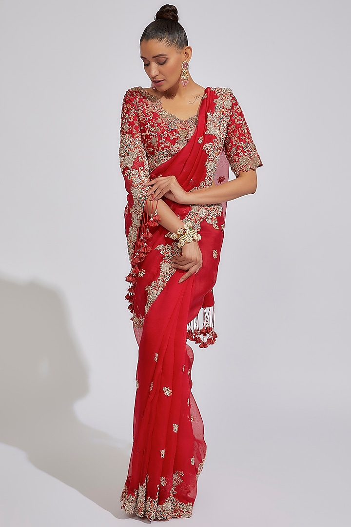 Red Organza Embroidered Saree Set by Prisho