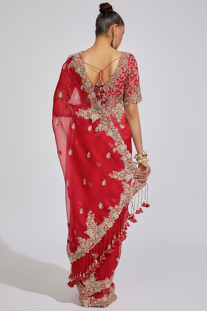 Red Organza Embroidered Reception Saree Set by Prisho at Pernia's Pop Up Shop