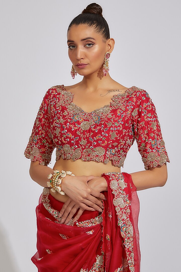 Red Organza Embroidered Reception Saree Set by Prisho at Pernia's Pop Up Shop