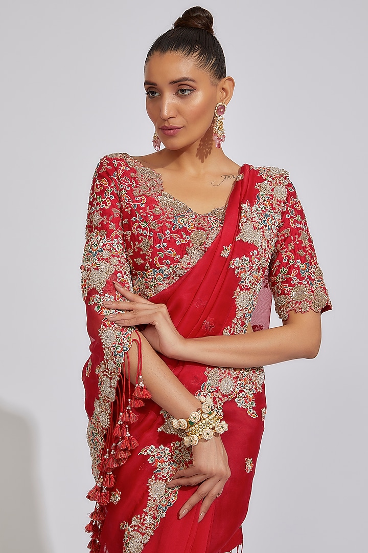 Red Organza Embroidered Reception Saree Set by Prisho at Pernia's Pop Up Shop