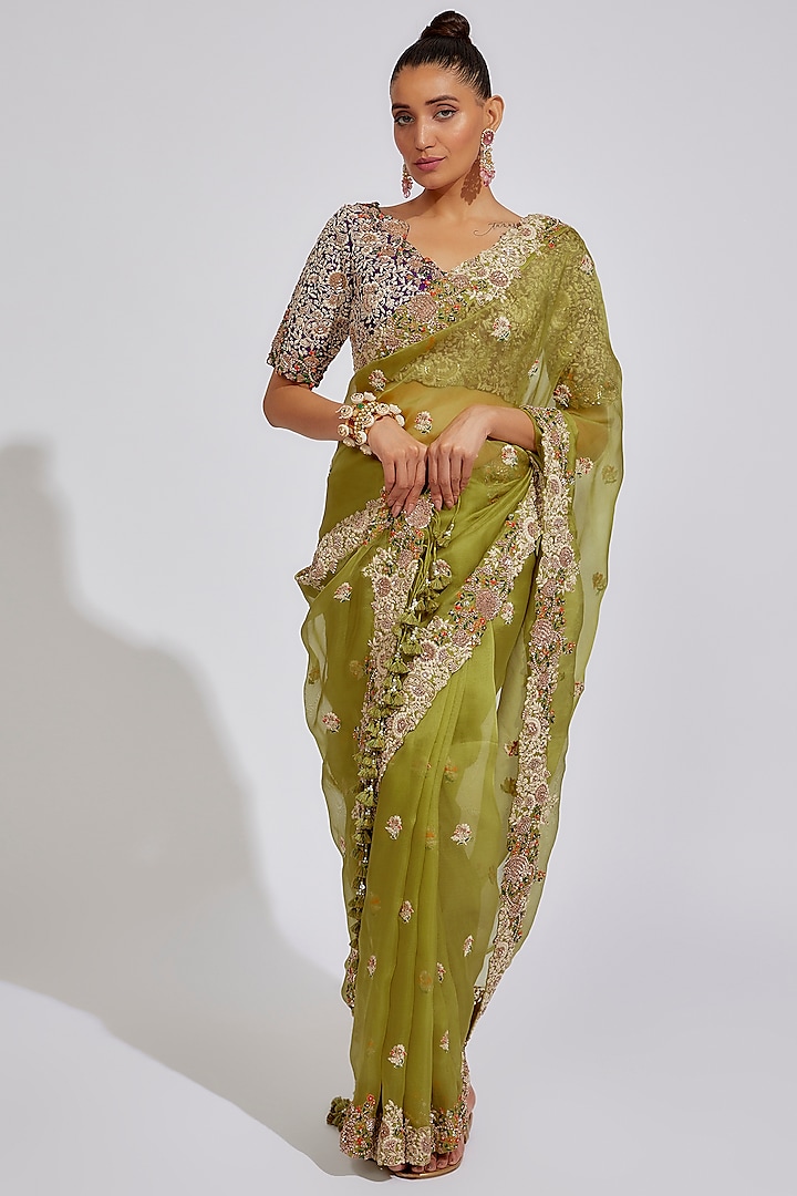 Lime Green Organza Embroidered Saree Set by Prisho