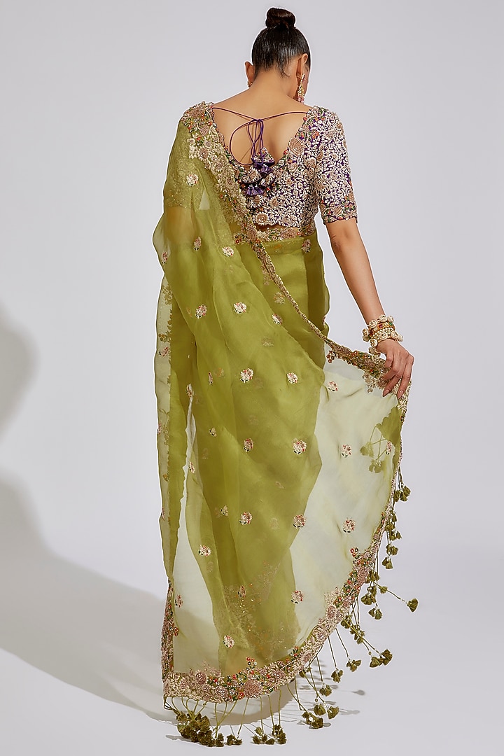 Lime Green Organza Embroidered Reception Saree Set by Prisho at Pernia's Pop Up Shop