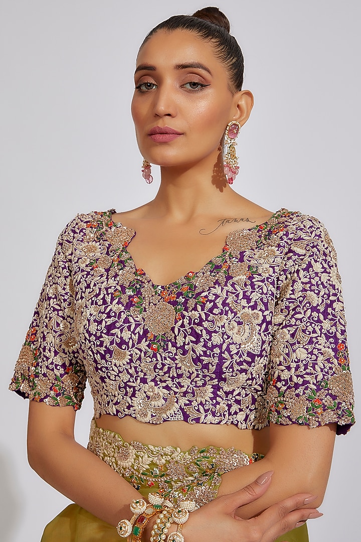 Lime Green Organza Embroidered Reception Saree Set by Prisho at Pernia's Pop Up Shop