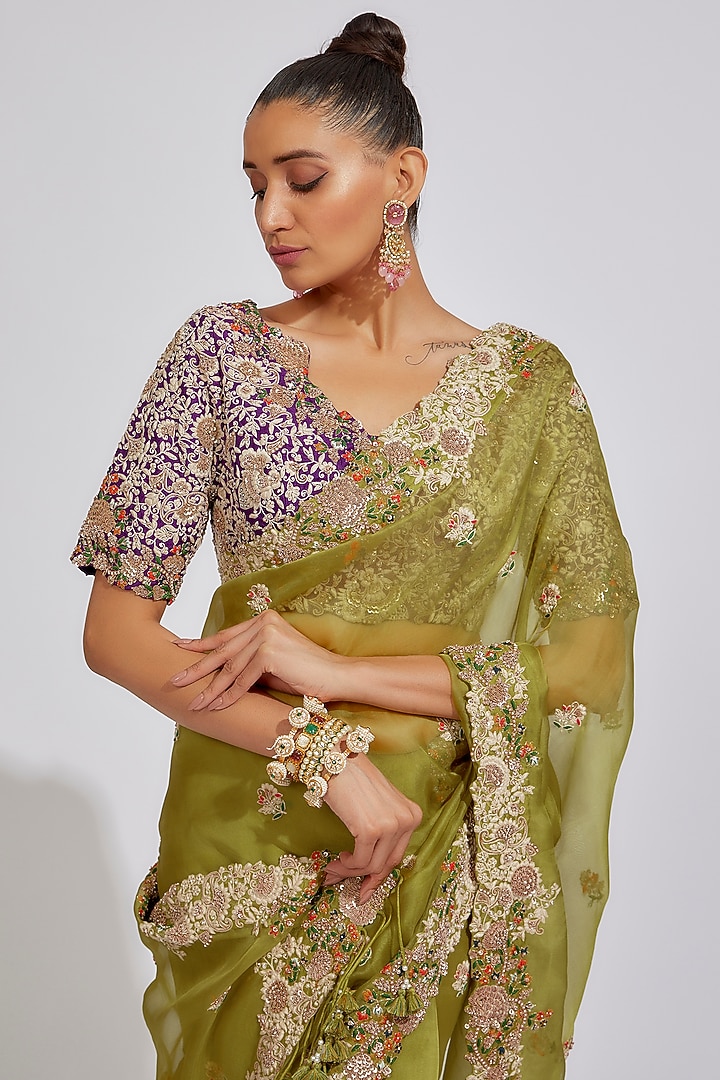 Lime Green Organza Embroidered Reception Saree Set by Prisho at Pernia's Pop Up Shop