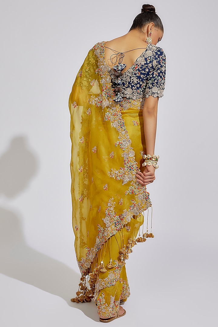 Mustard Organza Embroidered Reception Saree Set by Prisho at Pernia's Pop Up Shop