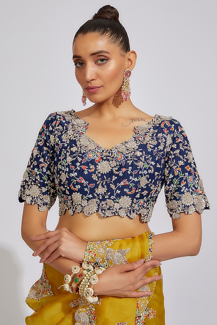 Mustard Organza Embroidered Reception Saree Set by Prisho at Pernia's Pop Up Shop