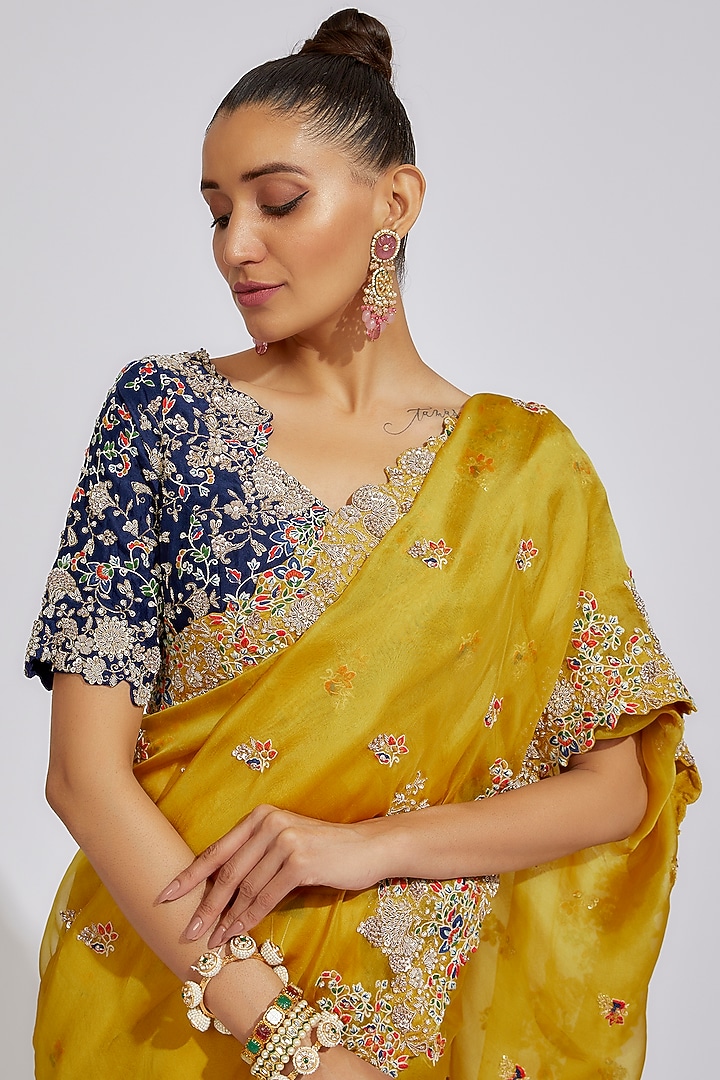 Mustard Organza Embroidered Reception Saree Set by Prisho at Pernia's Pop Up Shop