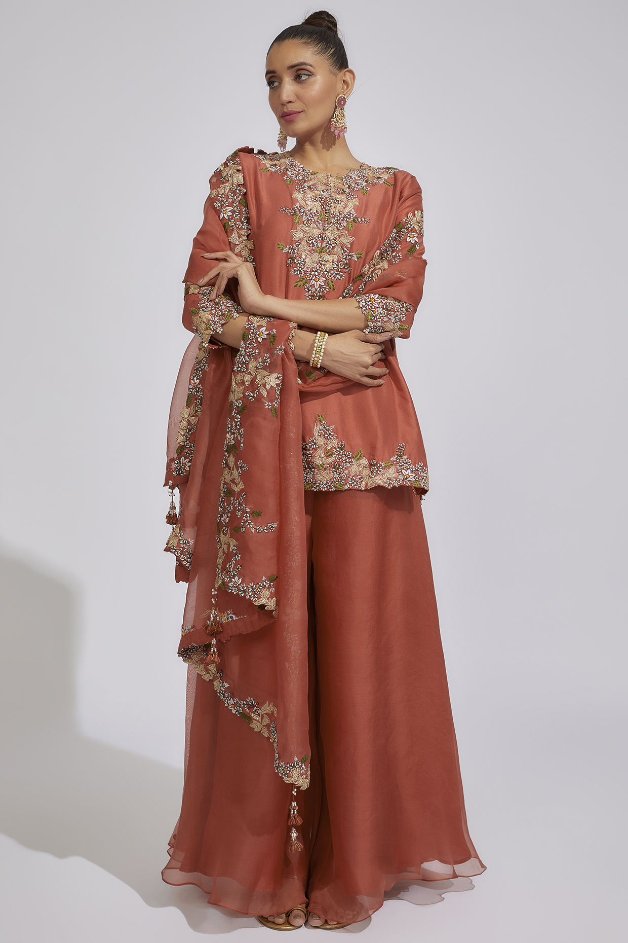 Deep Rust Organza Sharara Set by Prisho at Pernia's Pop Up Shop