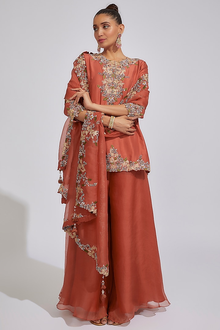 Deep Rust Organza Sharara Set by Prisho at Pernia's Pop Up Shop