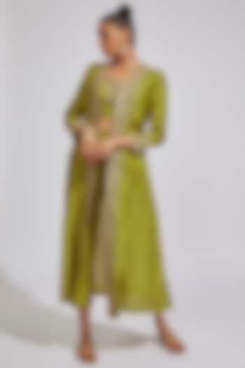 Lime Green Chanderi Embroidered Jacket Set by Prisho