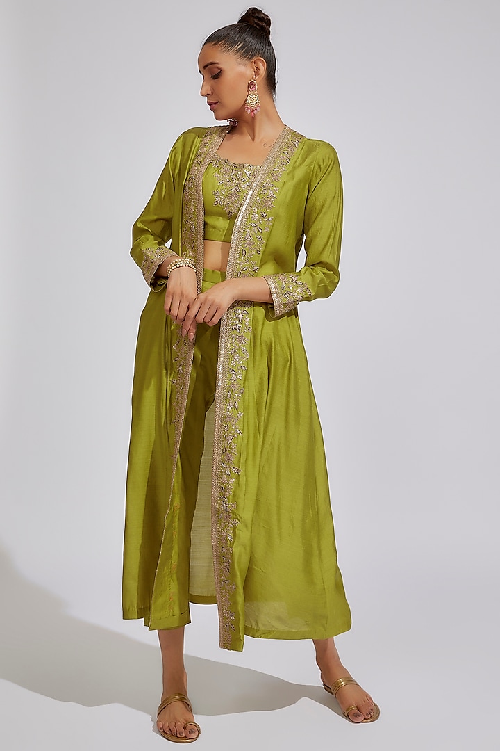 Lime Green Chanderi Embroidered Jacket Set by Prisho