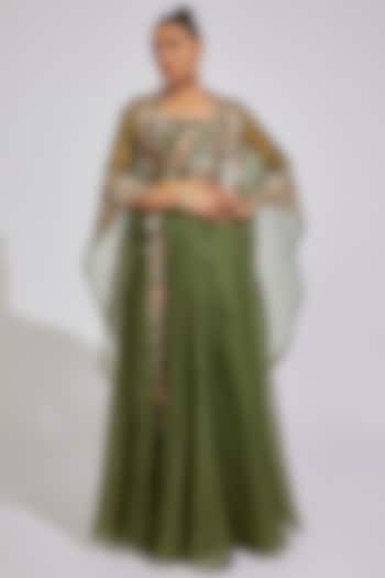 Green Organza Skirt Set by Prisho