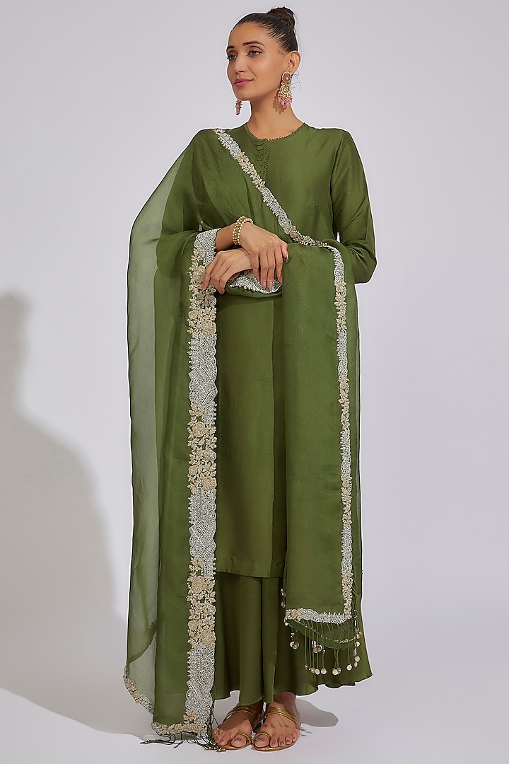 Green Cotton Satin Sharara Set by Prisho at Pernia's Pop Up Shop