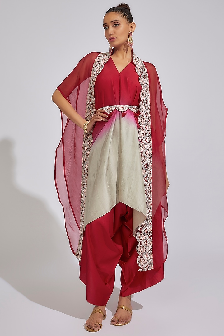 Red Organza Embroidered Ombre Cape Set by Prisho
