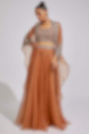 Rust Organza Embroidered Cape Set by Prisho at Pernia's Pop Up Shop