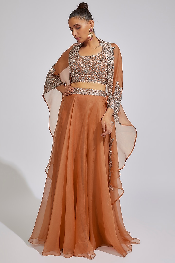 Rust Organza Embroidered Cape Set by Prisho at Pernia's Pop Up Shop