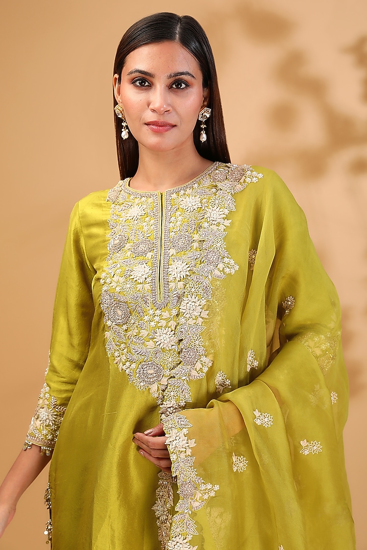 Lime Green Silk Resham Work Kurta Set by Prisho at Pernia's Pop Up Shop