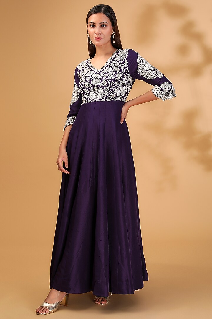 Purple Silk Dori Work Bridal Anarkali Set by Prisho at Pernia's Pop Up Shop