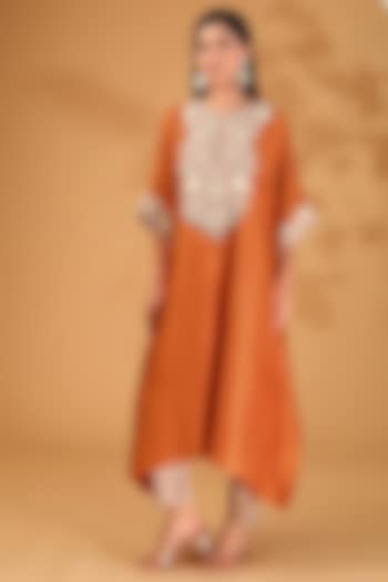 Rust Silk Resham Work Kaftan Set by Prisho at Pernia's Pop Up Shop