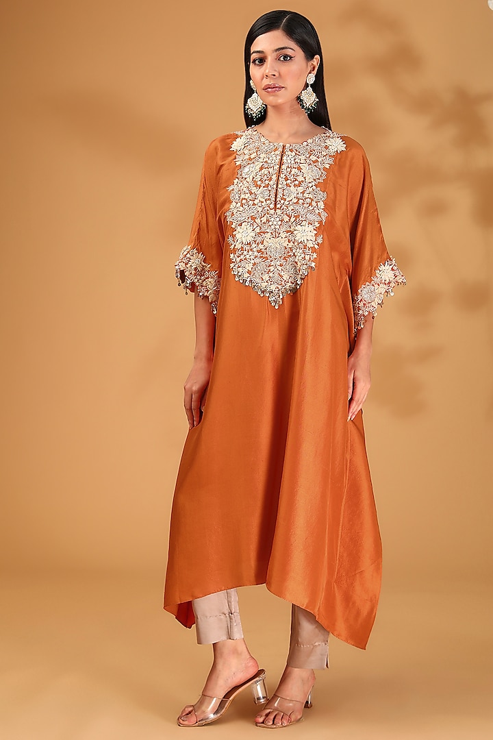 Rust Silk Resham Work Kaftan Set by Prisho at Pernia's Pop Up Shop