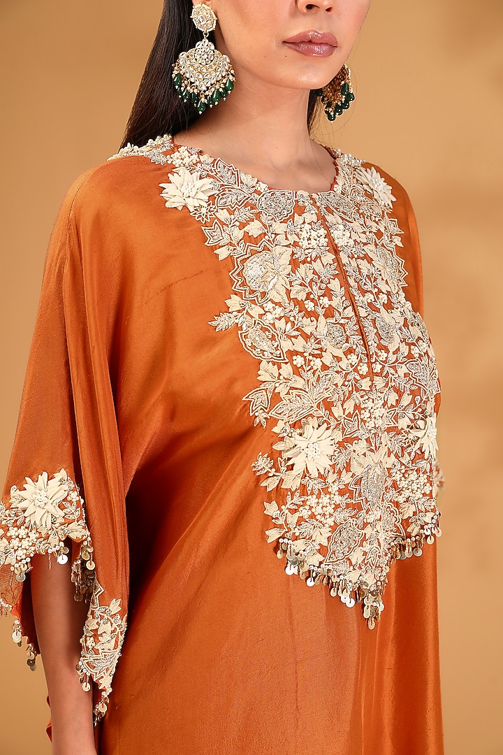 Rust Silk Resham Work Kaftan Set by Prisho at Pernia's Pop Up Shop