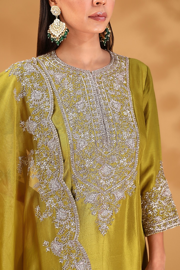 Olive Green Silk Zari Work Kurta Set by Prisho at Pernia's Pop Up Shop