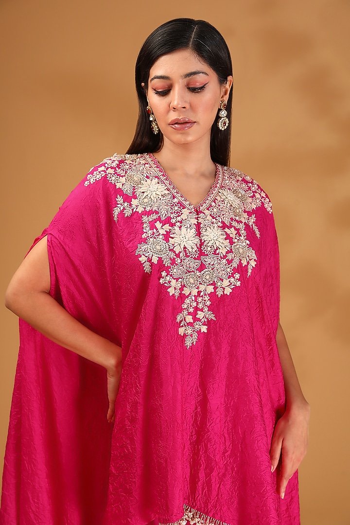Fuchsia Silk Resham Work Kaftan Set by Prisho at Pernia's Pop Up Shop
