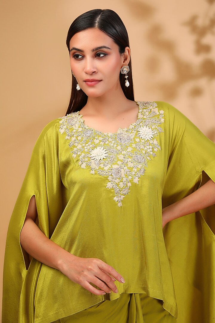Lime Green Silk Resham Work Kaftan Set by Prisho at Pernia's Pop Up Shop