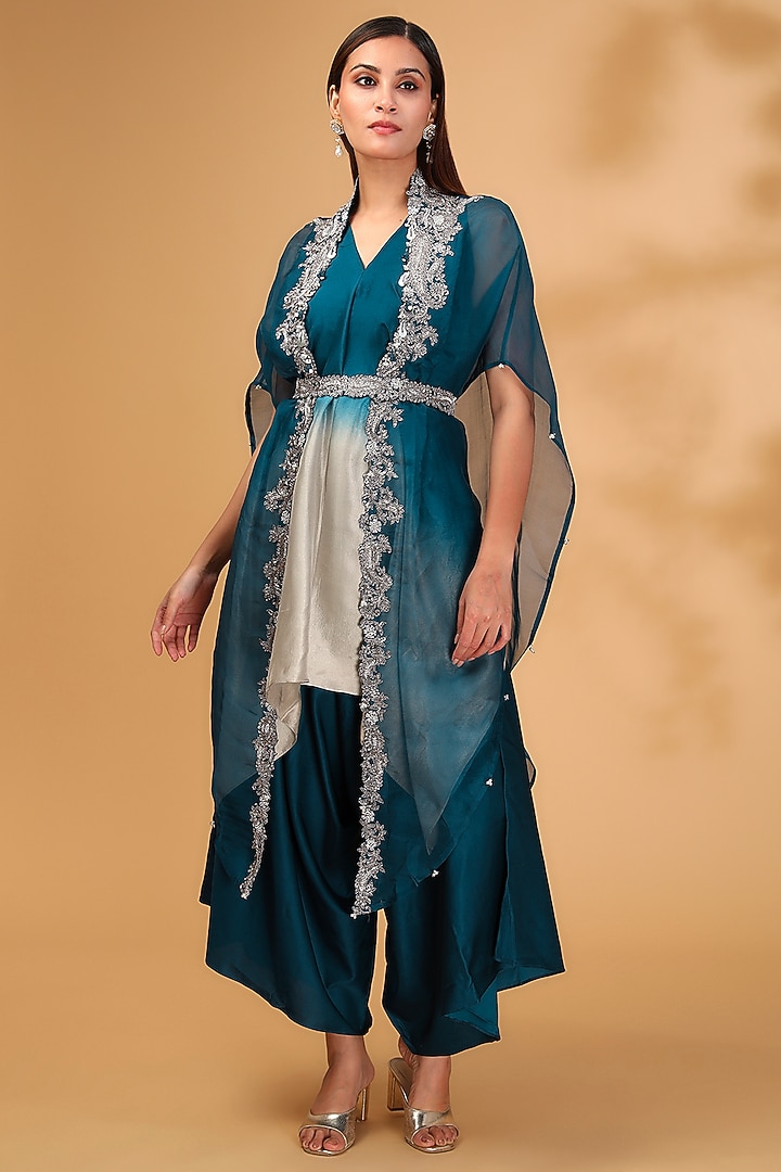 Navy Blue Organza Maal Work Cape Set by Prisho at Pernia's Pop Up Shop